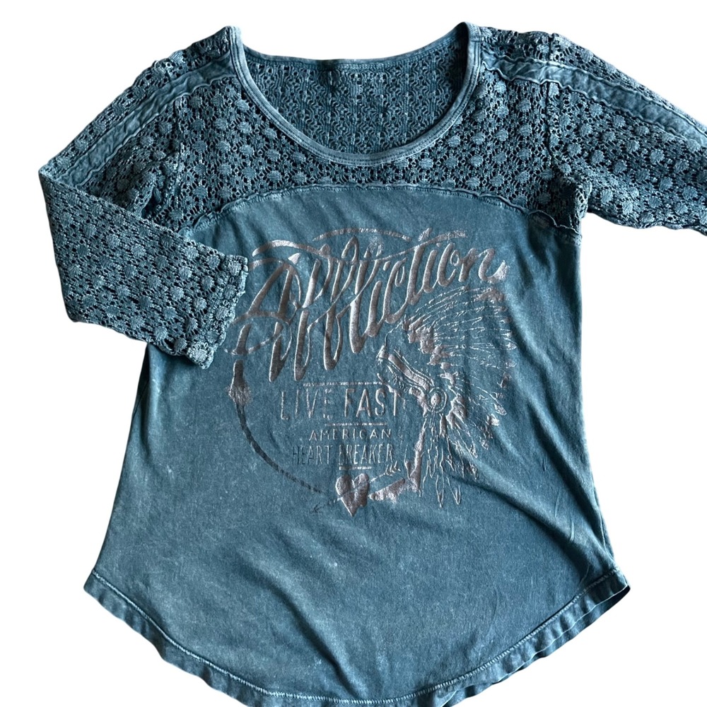 Affliction Graphic Tee Womens Small Teal Crochet Lace 3/4 Sleeve Grunge Biker